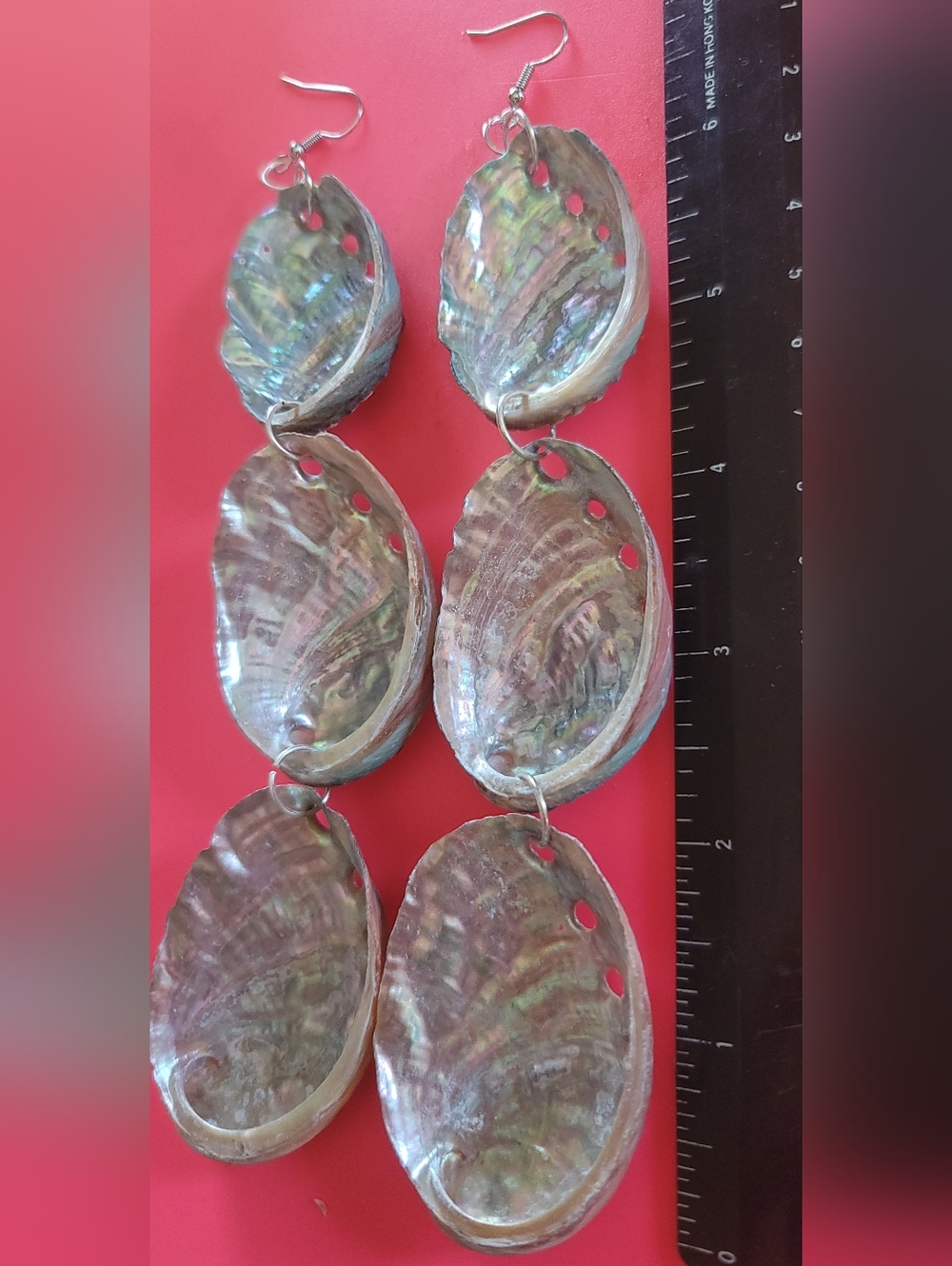 Iridescent Abalone Shell Dangle Earrings - Multi Tier Approx 6 Inches Long